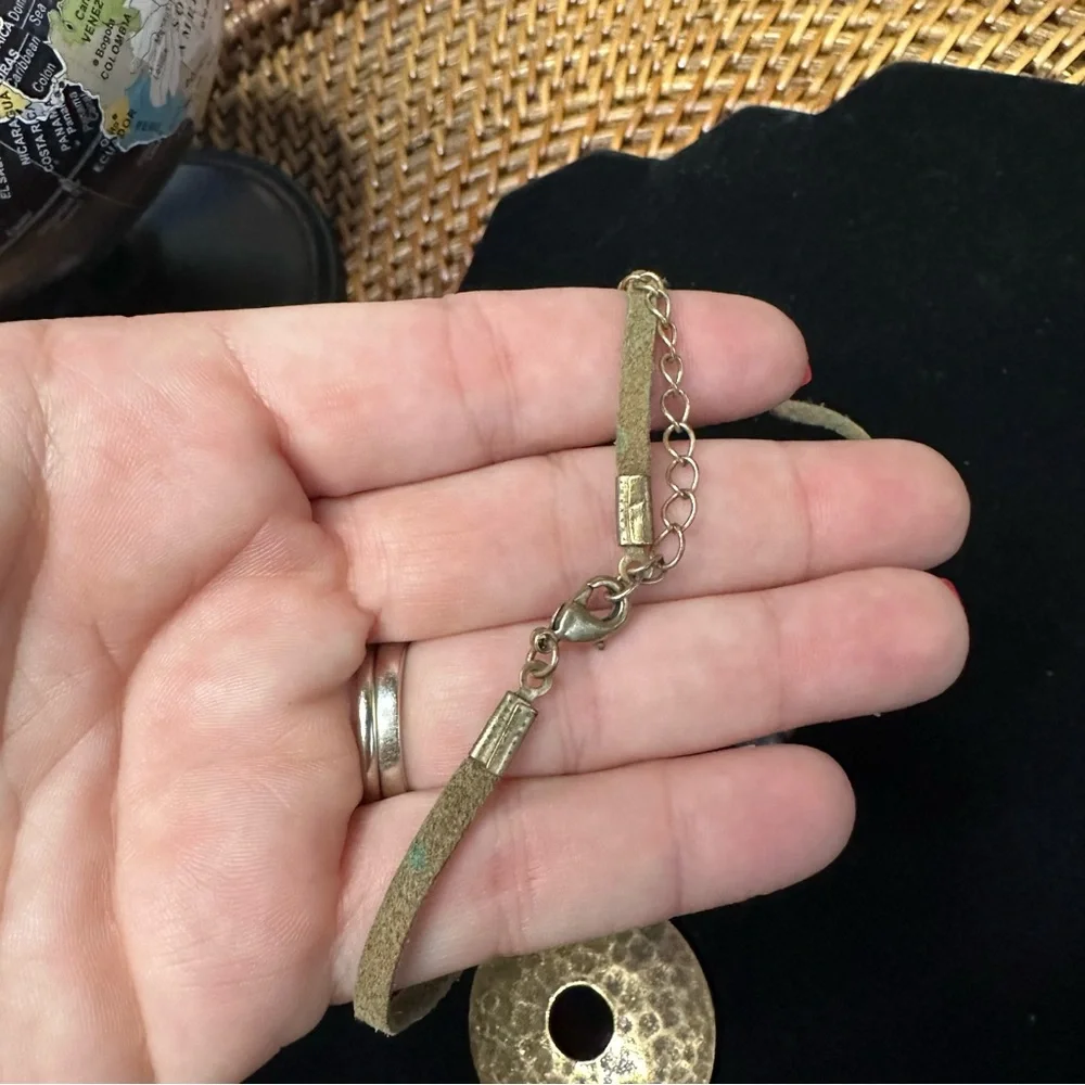 Boho Beaded Round Hammered Medallion Leather Necklace